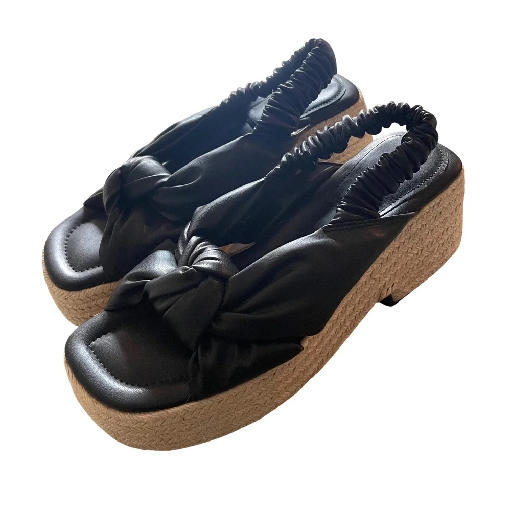 H&M Platform Espadrille Sandals Womens 9 Black Boho Knot Wedge Slingback 40